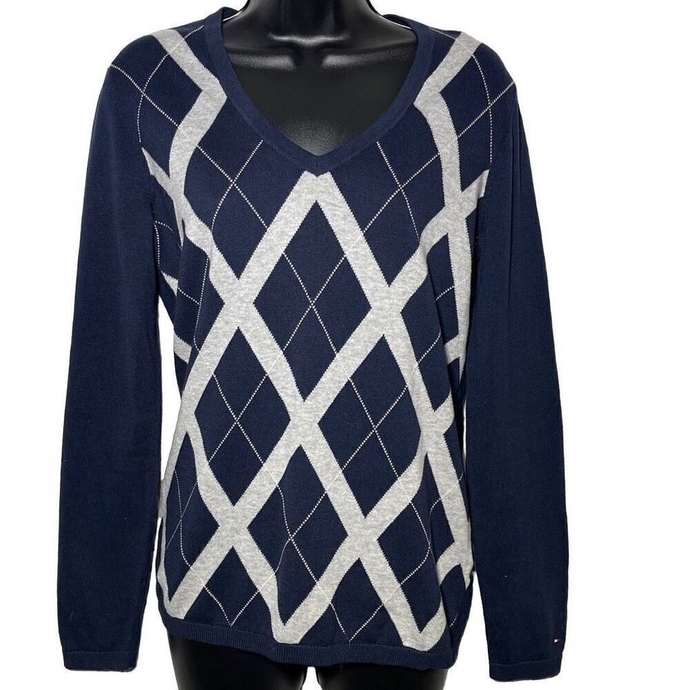 TOMMY HILFIGER 100% Cotton Argyle V-Neck Sweater